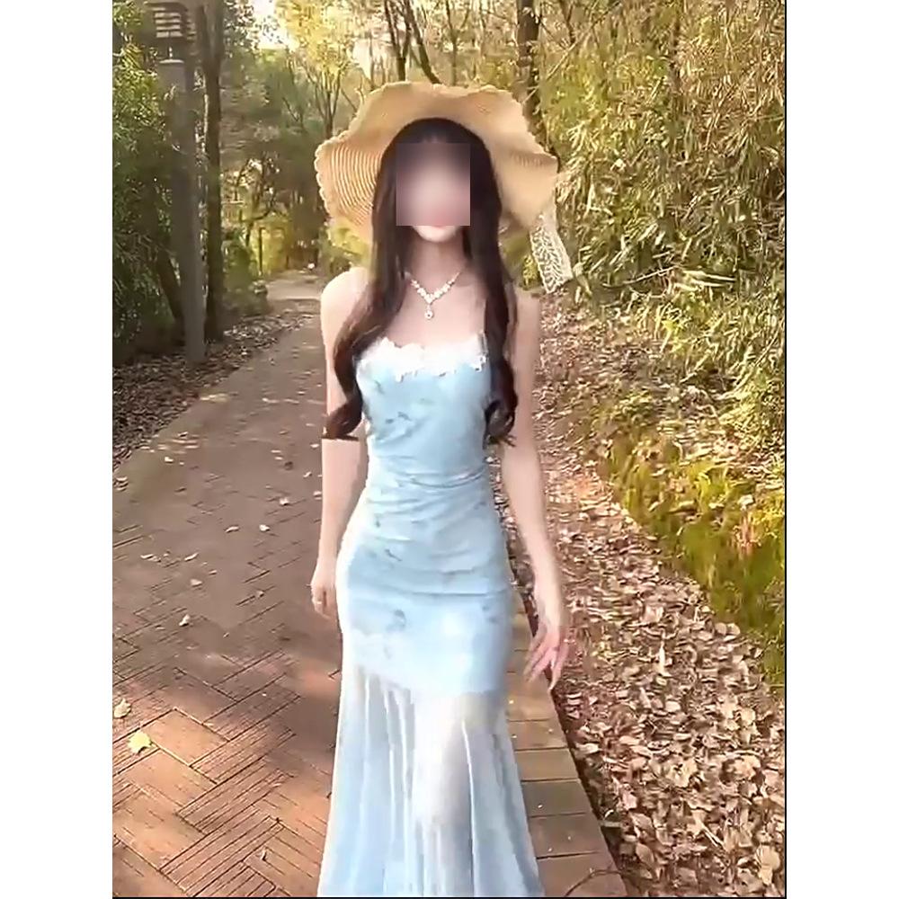 

Приморский отпуск ветер синий кружево вставка цветочный сарафан нежный темперамент талия бедра юбка рыбий хвост лето XL- (recommended 110-60kg) синий