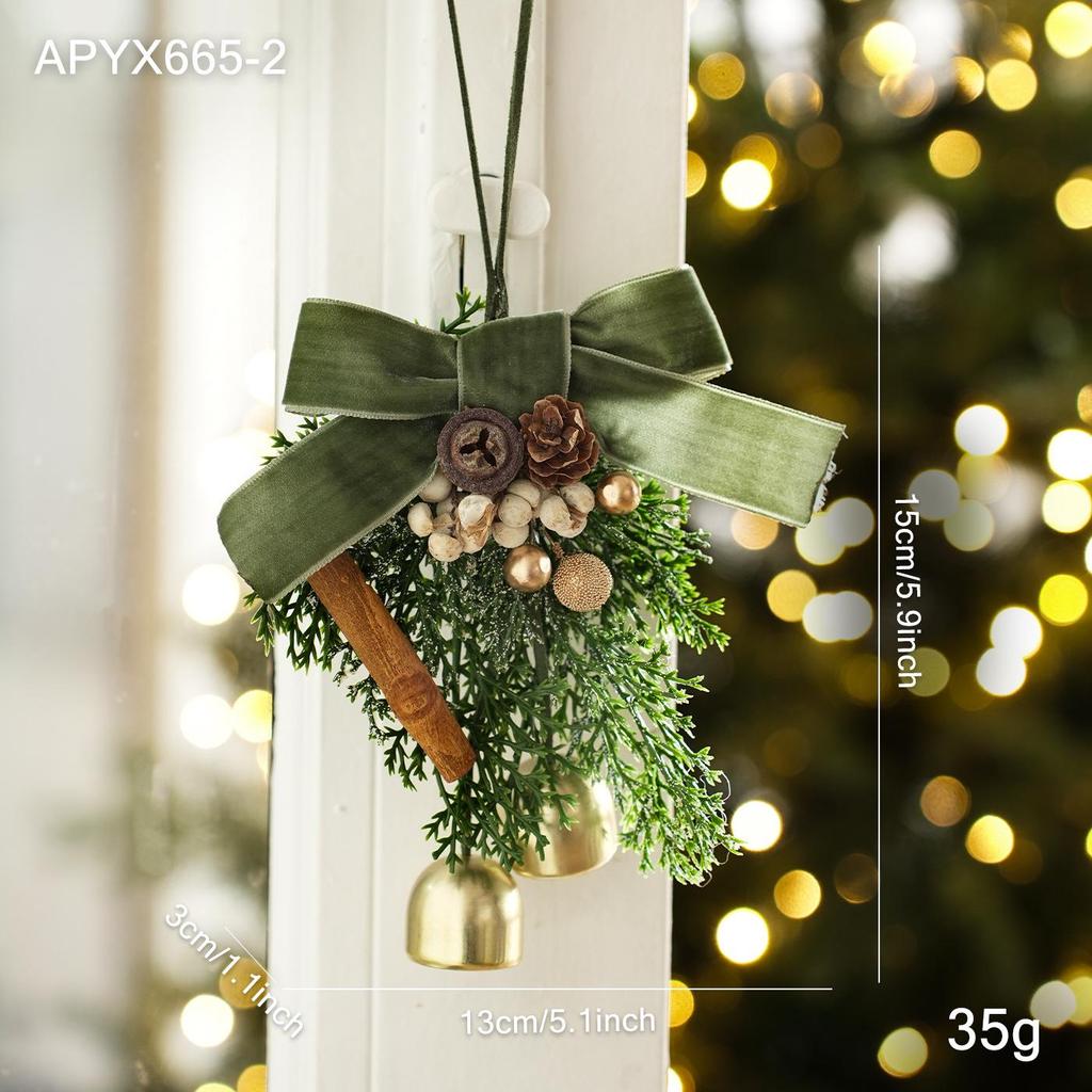 Velvet Bow Bell Ornament with Pine Cone for Christmas Tree Decoration
