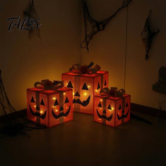 Glowing Night Light Ornaments 3Pcs Lighted Halloween Pumpkin Gift Boxes, Spooky Face Tiered Scene Layouts Presents Box, Warm Holiday Ornament