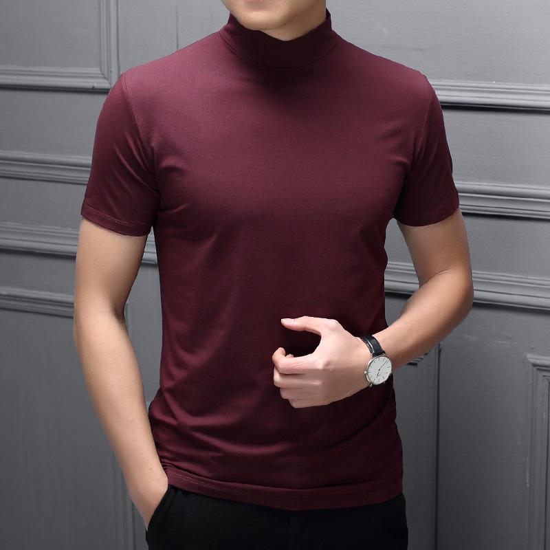 Men's Spring/Summer Milk Silk Turtleneck T-Shirt - Slim Fit, Solid Color, Short Sleeve