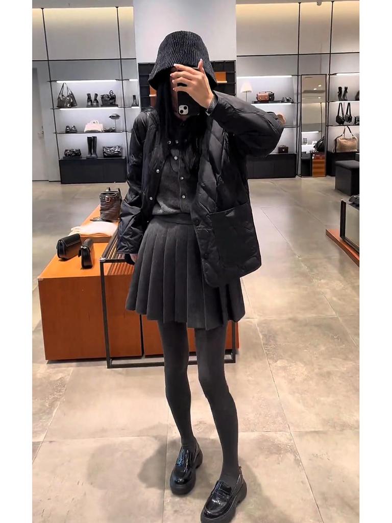 Plus Size Grey Wool-Blend A-Line Pleated Skirt – High Waist, Slimming, Short for Petite Chubby Women, Spring/Autumn
