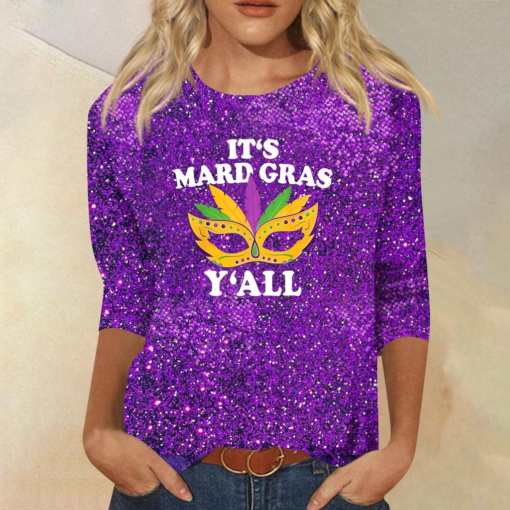 Dámské módní ležérní tričko s kulatým výstřihem a tříčtvrtečním rukávem s potiskem karnevalu