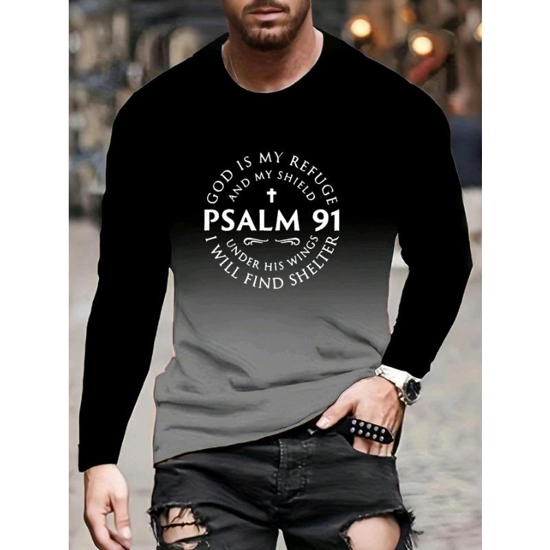 Men s 3D Gradient Letter T-Shirt - Bible verse Psalm 91 print, casual long-sleeved round-neck top for daily wear S