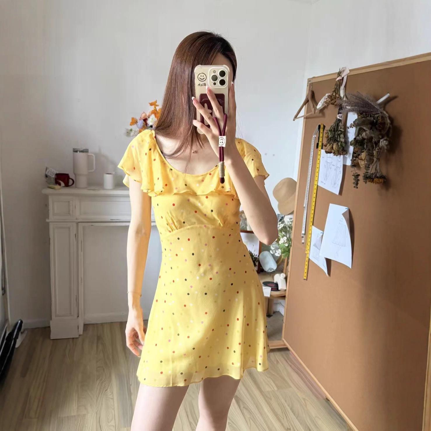 R**Par Retro Yellow Polka Dot Silk A-line Mini Skirt Medium