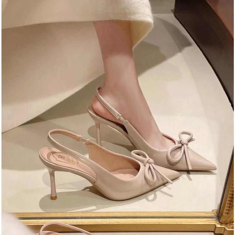 Bow Slingbacks High Heels Sandal For Woman Sexy Pointed Toe Patent Leather High Heels Shoes 2025Summer Elegant Woman Heeled Shoe