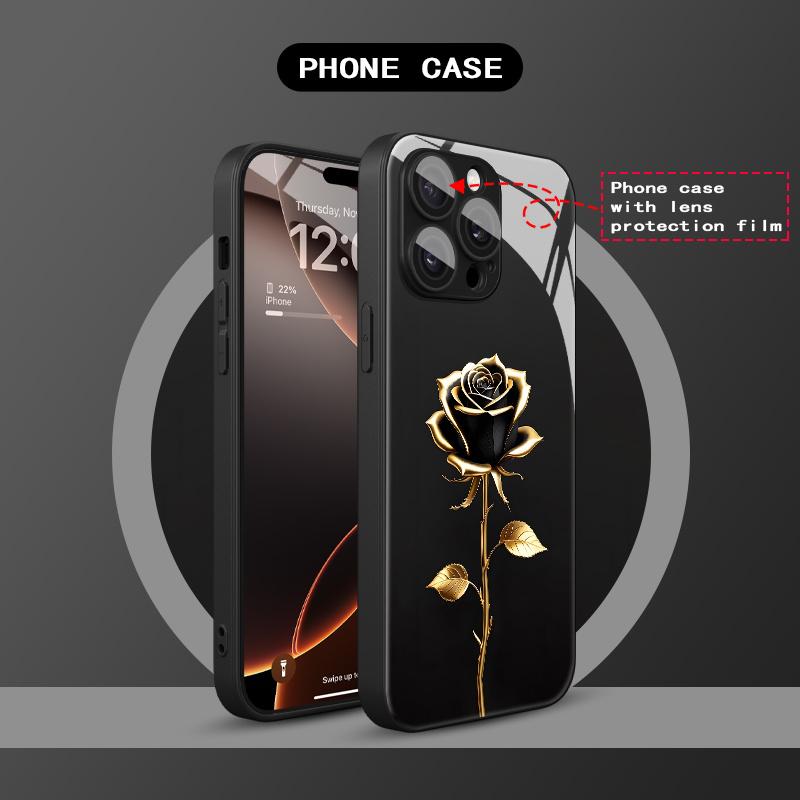 Black Gold Rose Patterned Glass Phone Case Suitable for iPhone 17 16 15 14 13 12 11 Pro/Max/Plus Anti Drop and Shockproof