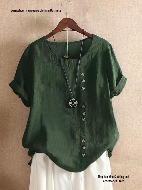 Women's Plus Size Casual Cotton Linen Button-Up Retro T-Shirt