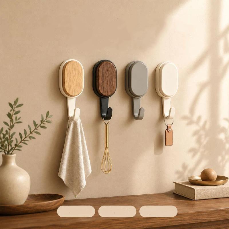 Wood Grain Wall Hooks Self Adhesive Key Coat Bag Hanger Hook Bathroom Kitchen Door Robe Towel Storage Rack Hook Accessories