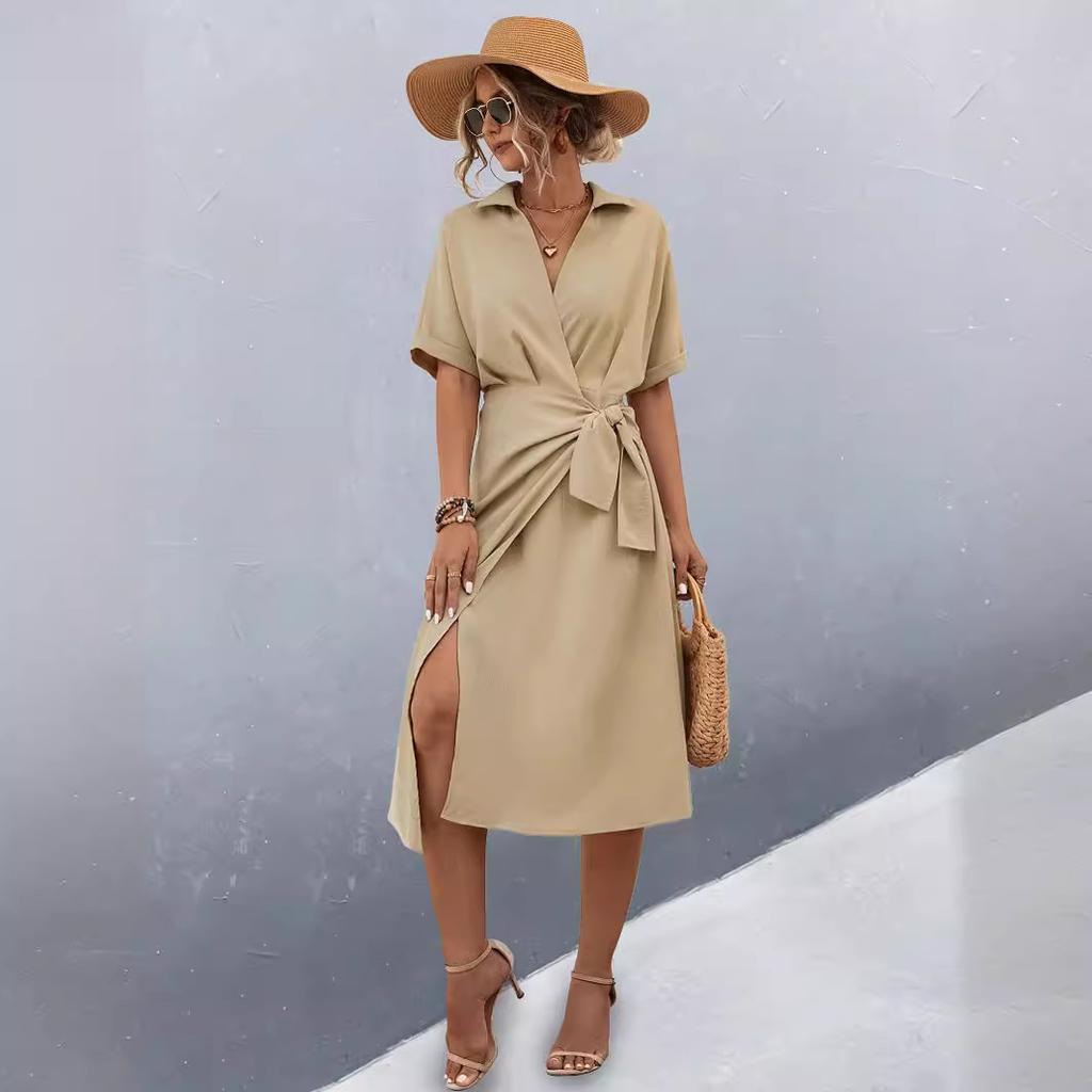 QICED Jednobarevný potisk jaro léto dámské zavinovací šaty s krátkým rukávem s výstřihem do V