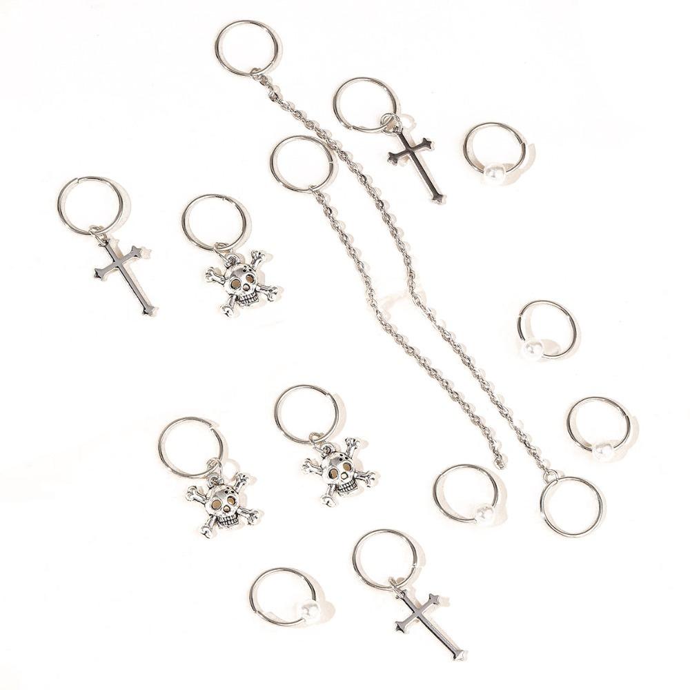 13pcs Metal Cuff Clips Dreadlocks Beads Cross Skull Hair Braid Tubes Mixed Hair Rings Set Decor