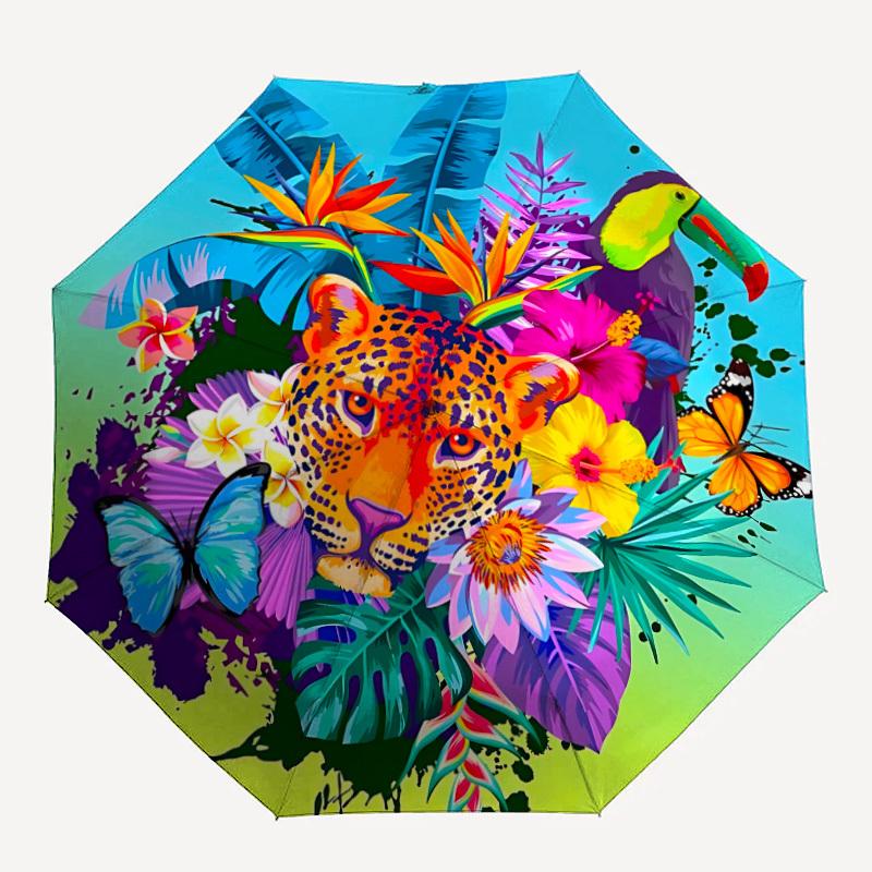 

1pc Tropical Leopard Floral Automatic Umbrella - 8-Rib Durable Frame, Portable Fashion Accessory & Holiday Gift yy251117145
