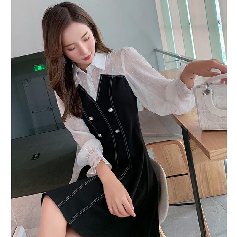 Srcr Women s Faux Two-Piece Long Sleeve A-Line Dress S