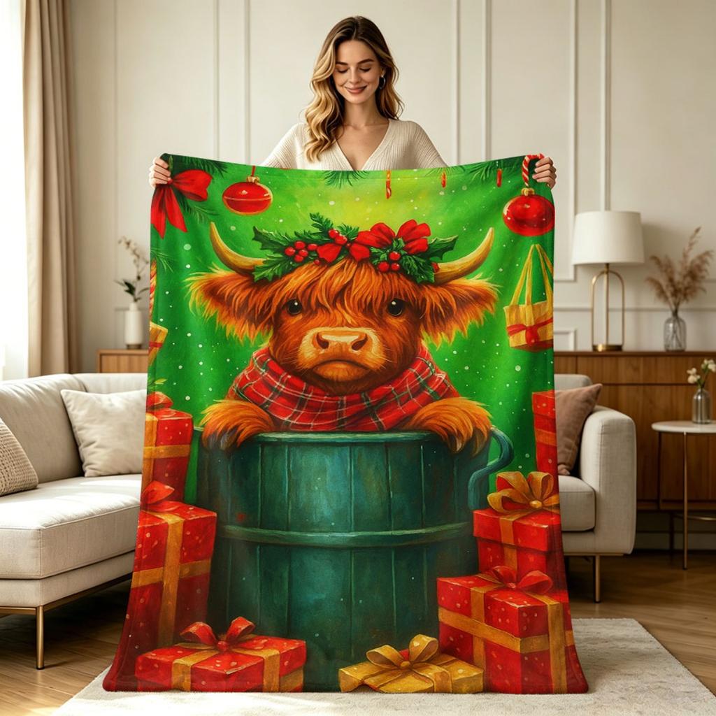 Soft Warm Flannel Blanket with Christmas Highland Cow Holiday Print All Season Use for Sofa Couch Bedroom Living Room
