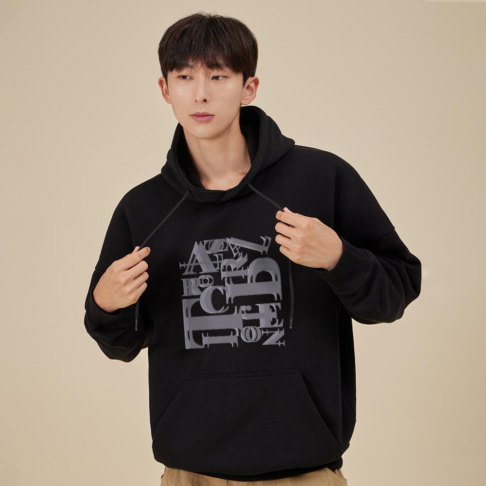 Overlapping Lettering Oversized Wide Shoulder Hoodie_Black