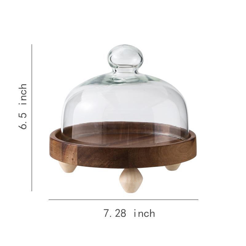 Wooden High Footed Cake Tray Dim Sum Dish Dessert Plate Cake Stand Fruit Bowl Bread Plate Show Plates Dust Proof Glass Cover