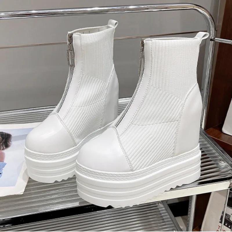 2024 New Autumn Winter Thick Sole Women Boot Fashion Round Head Front Zipper Platform High Heels Women's Leather Ankle Boots