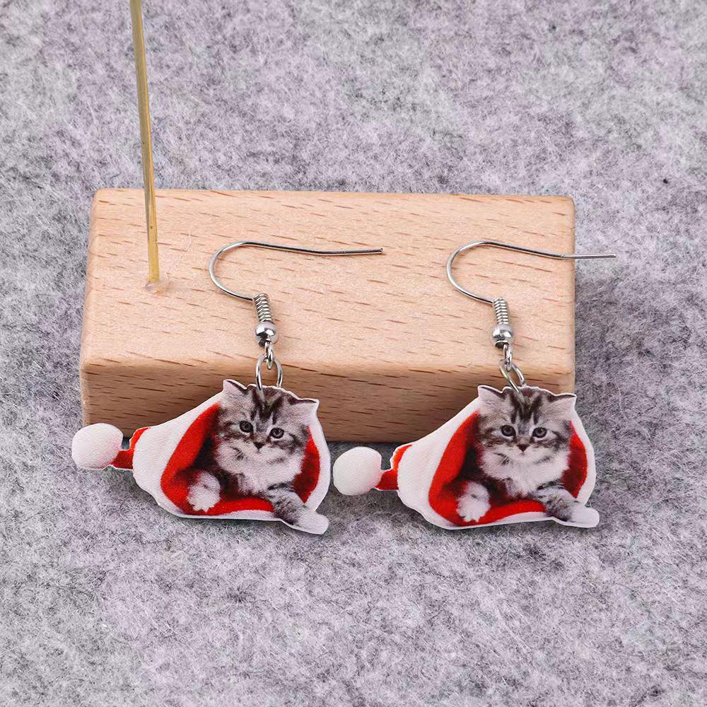 Christmas Kitten Cartoon Earrings & Tree Pendant