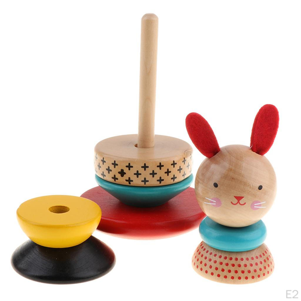 Wooden Blocks Toy for Kids Babies, Rainbow Tower Rabbit Tumbler Doll -poly Baby