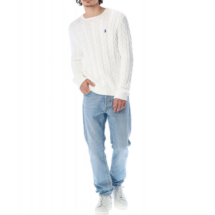 Polo Ralph Lauren SS22 Jednobarevný svetr s kulatým výstřihem a copánkovým vzorem Pánský svetr Bílý 710775885C-033
