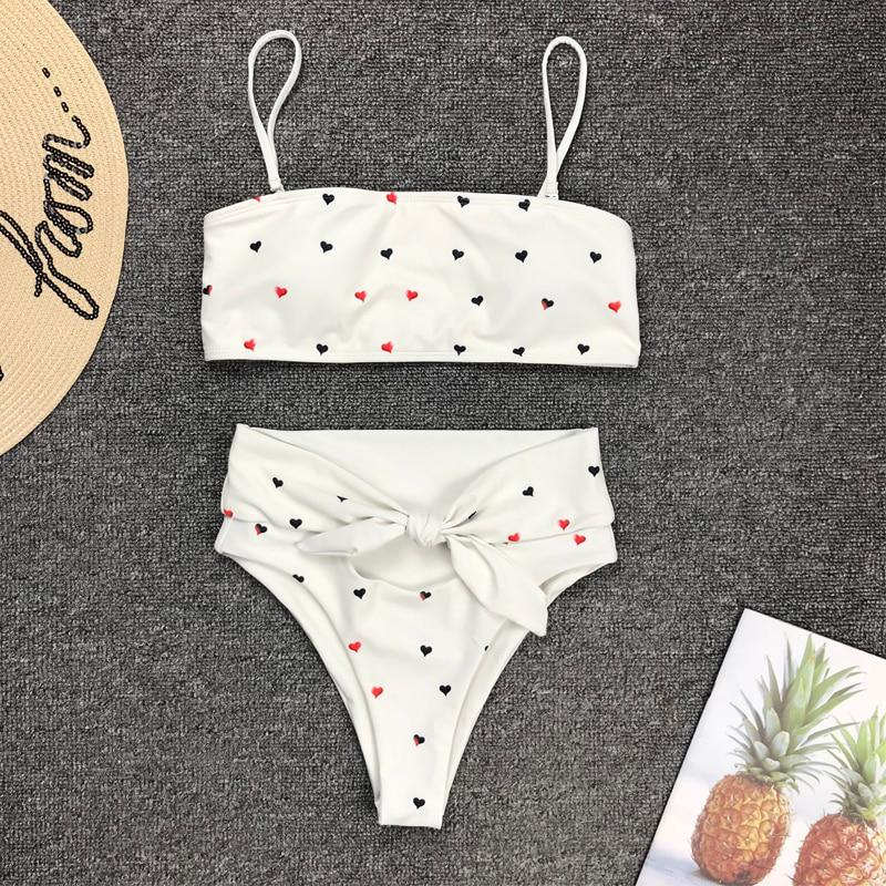 2 Piece Heart Print Bandage Swimsuit Bikini Set Push Up Swimwear High Waisted Girls Bathing Suit