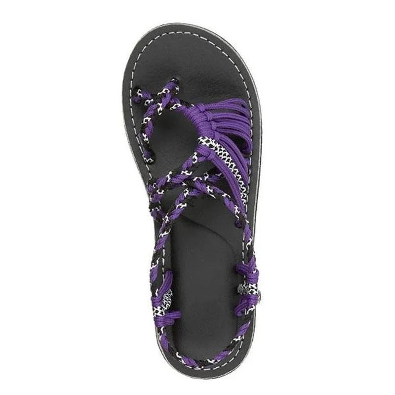 Módní dámské letní žabky sandály boty smíšené barevné sladění uzel z provazu plážové palcové římské sandály ležérní pohodlné boty plus size