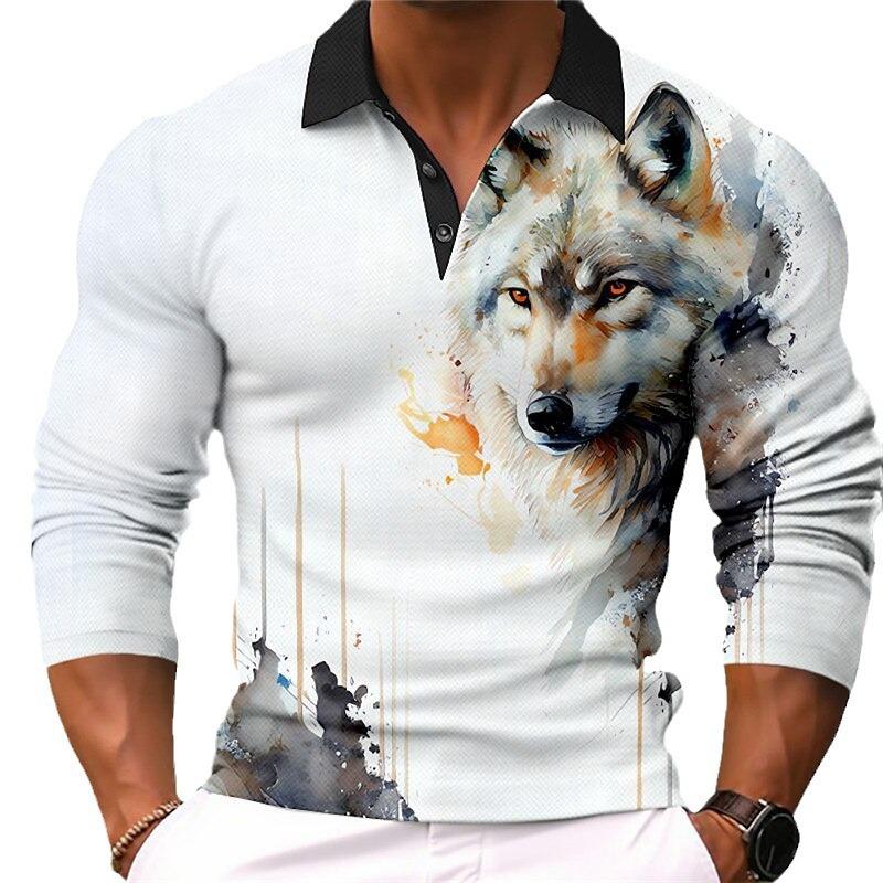 Men's Long Sleeve Polo Shirt with Tiger Print, Stylish Casual Top
