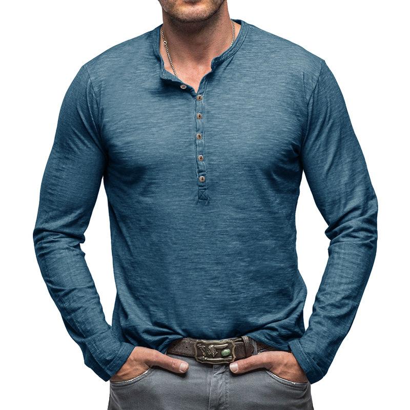 Nuove T-shirt Henley da Uomo di Alta Gamma in Cotone Autunnali Moda Colore Unico Manica Lunga Casual con Bottoni