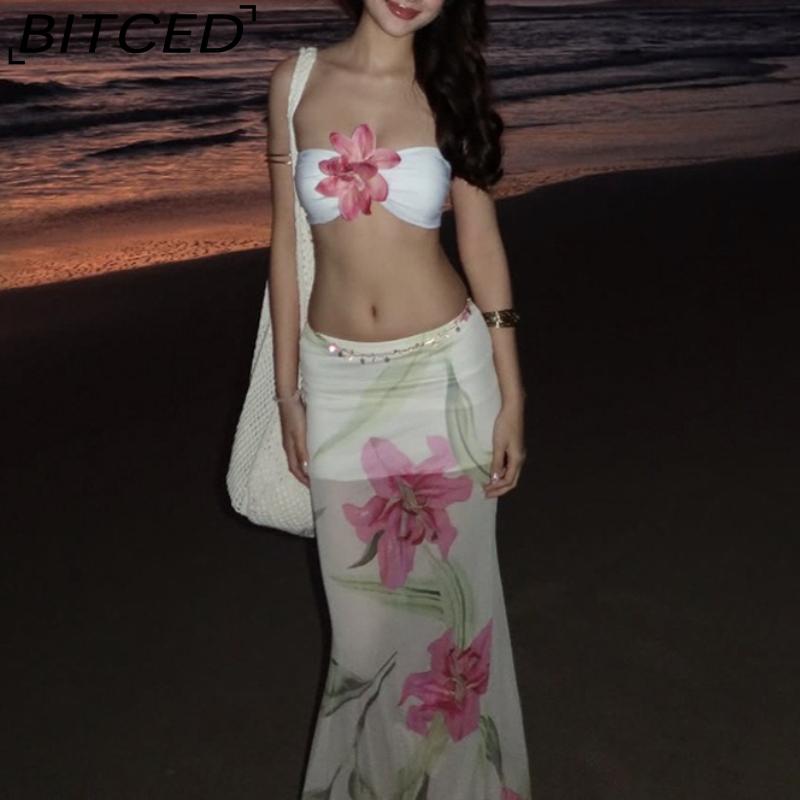 

BITCED Весенне-летний сексуальный комплект с топом-халтером и облегающей юбкой с принтом с высокой талией L белый