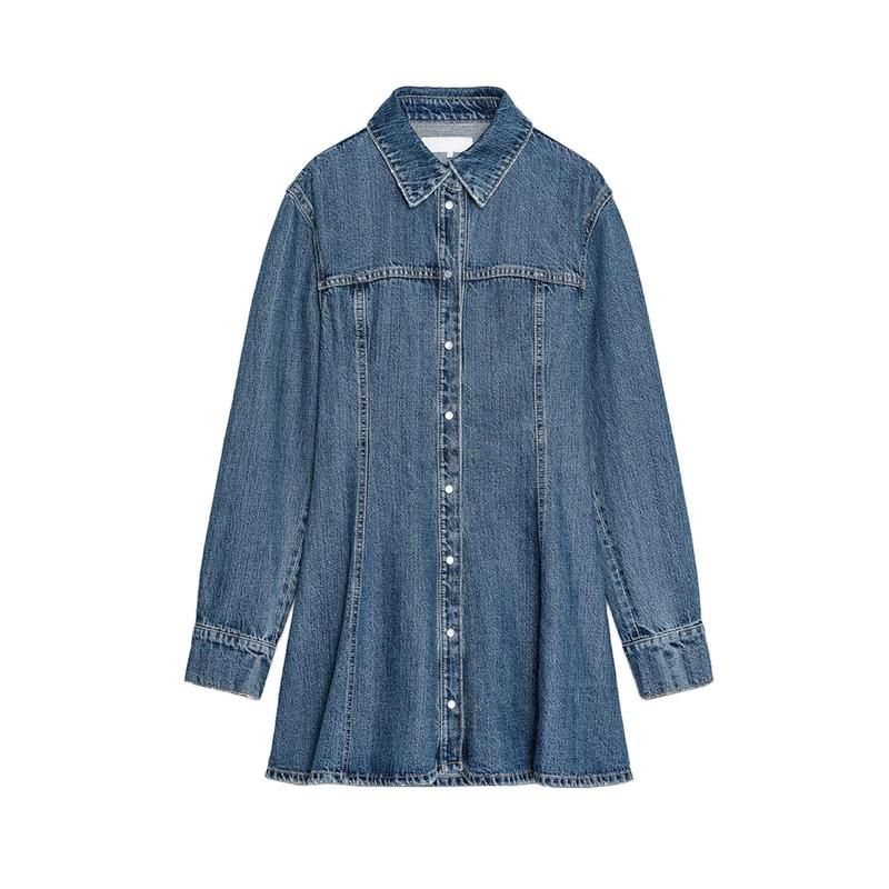 Spring New Women's Clothing Minimalist Easiest for Match Cotton Plaid Denim Lapel Mini Dress 8197083