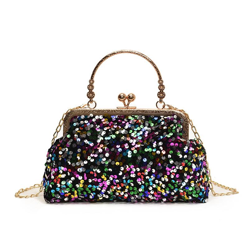 Luxury Glitter Sequins Clutch Handbag Women Metal Top Handle Messenger Tote Bags Crossbody Shoulder Chain Lady Commuting Purse