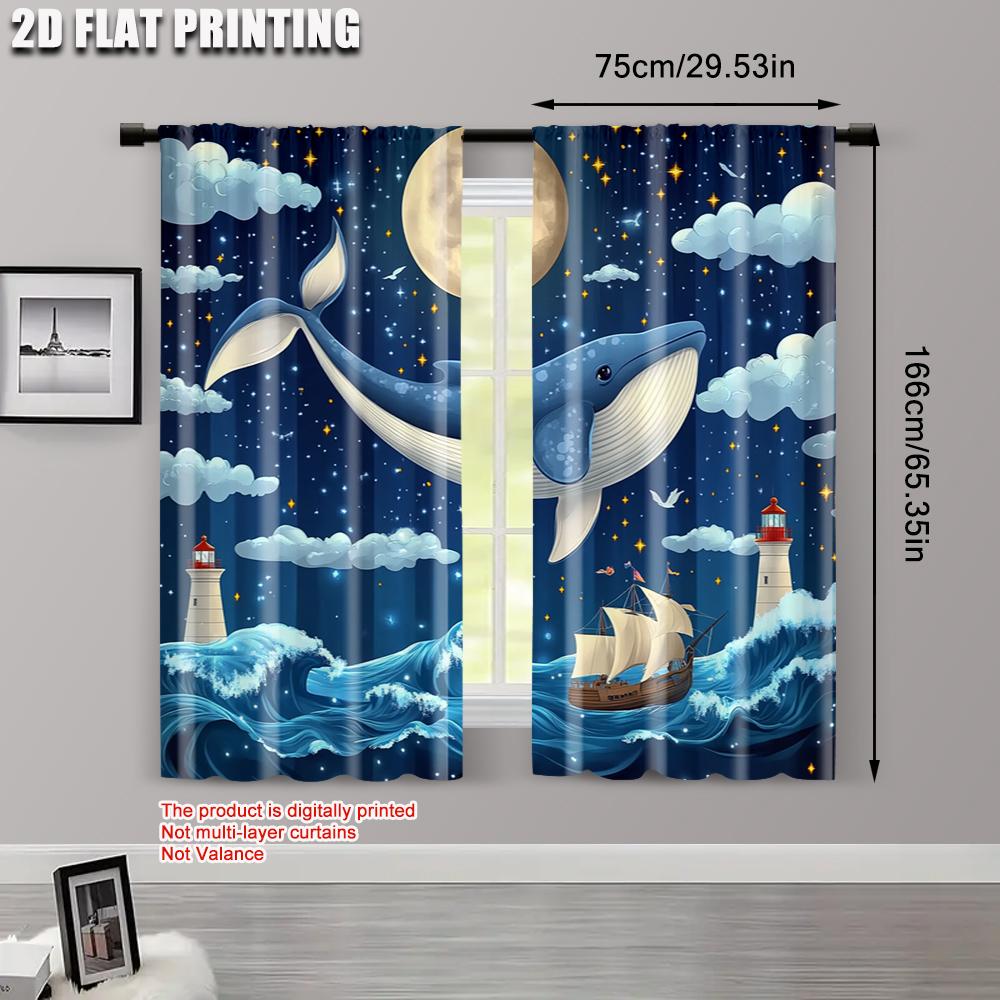 2pcs, plane printing Minimalist Curtains Watercolor Whale Polyester (without rod) Outdoor Decorations Ldeal for Bedroom &