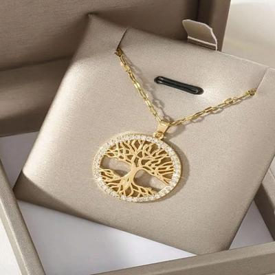 1pc Tree of Life Large Circle Necklace for Women, Copper Pendant, Stainless Steel Chain, Cubic Zirconia, Jewelry Lucky Charm