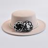 French Style Women's Pearl Chain Fedora Hat Autumen Winter Ladies Flat Top Felt Flat Top Hat