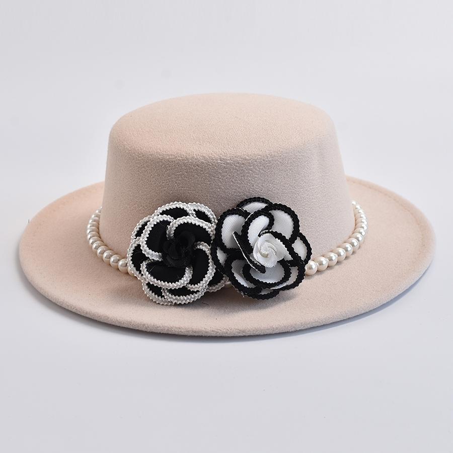 French Style Women's Pearl Chain Fedora Hat Autumen Winter Ladies Flat Top Felt Flat Top Hat