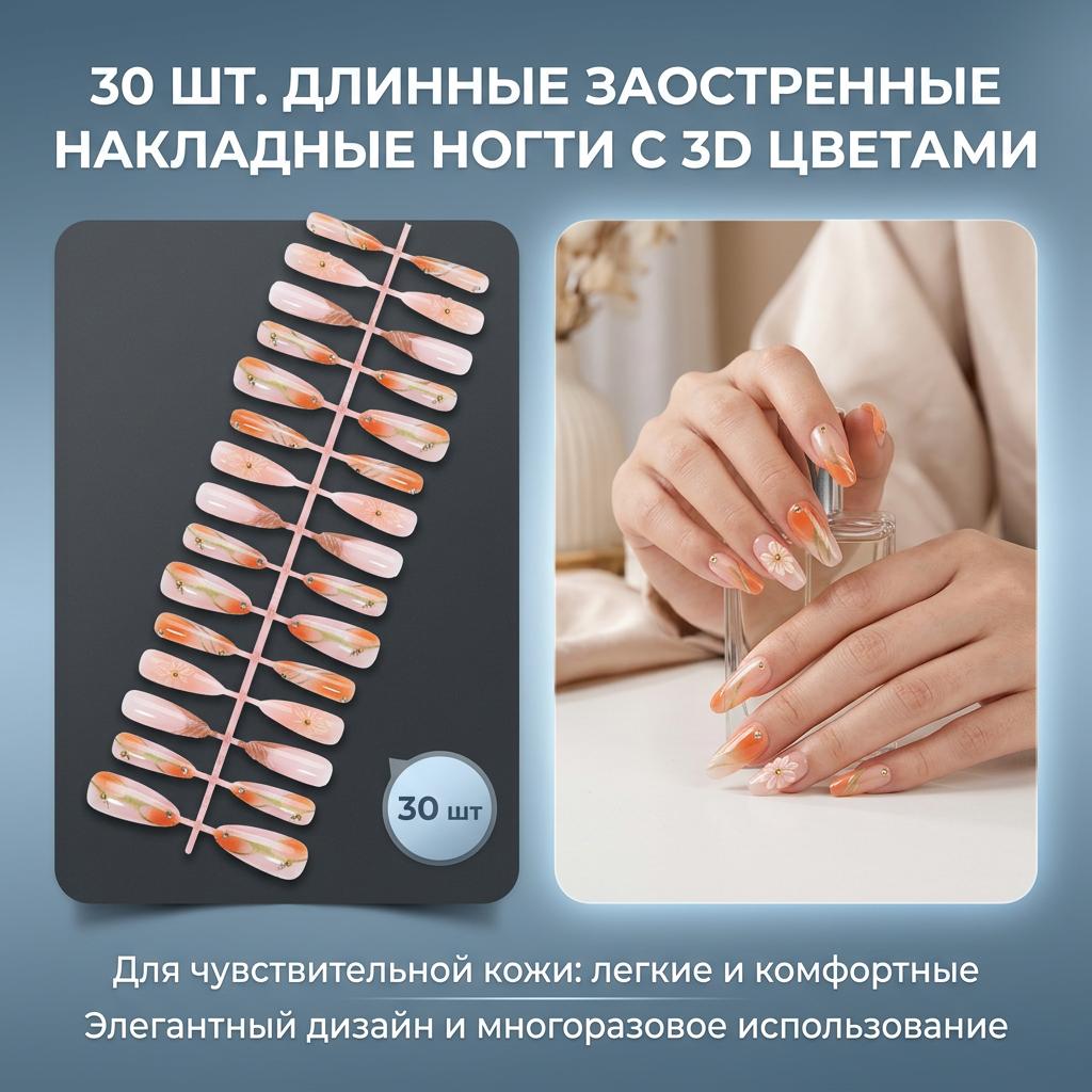 30Pcs Long Pointed 3D Flower Fake Nails For Sensitive Skin Lightweight Comfortable Design 3XC1 14219 Boxed чёрный/красный