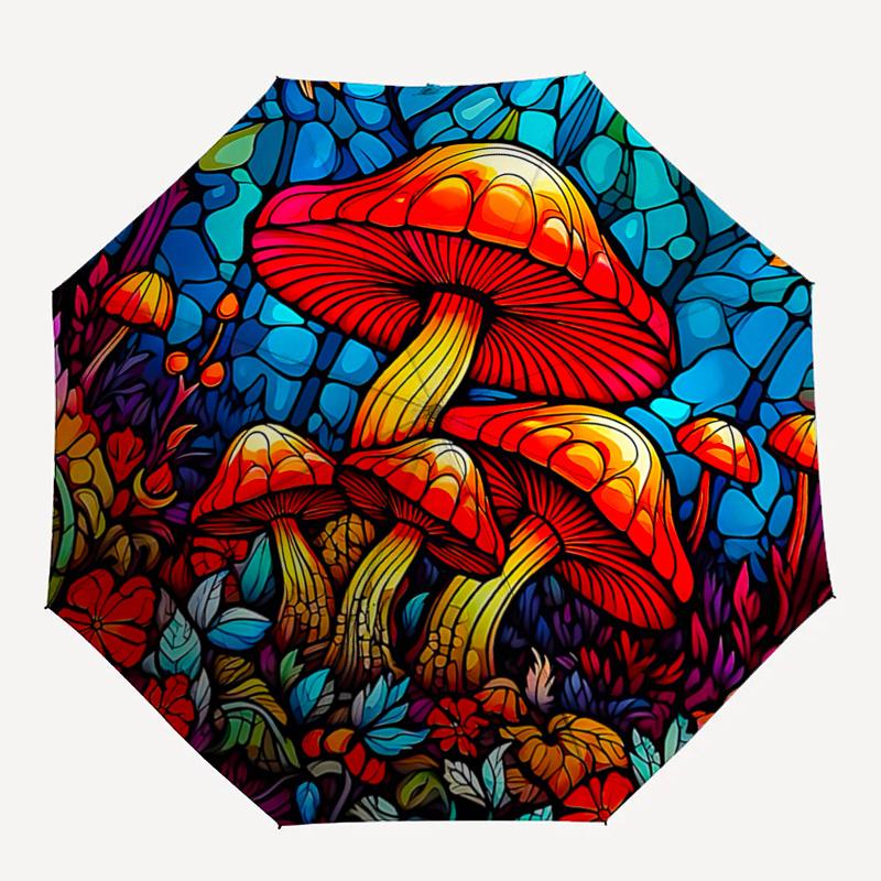 

Stained Mushroom Garden Automatic Opening Folding Umbrella - Portable 3-Fold Design with Iron Frame, Perfect for Outdoor Use, Festive Gifts,