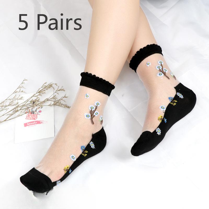 5 Pairs of Ladies Spring and Summer New Style Flowers Sexy Thin Transparent Cotton Bottom Glass Silk In The Tube Socks