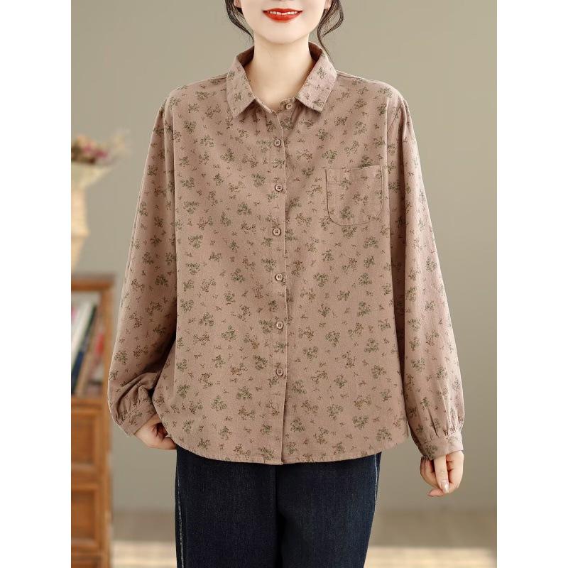 Women's Long Sleeve Retro Floral Cotton Shirt - Loose Fit, Slimming Temperament, Thickened Base Layer