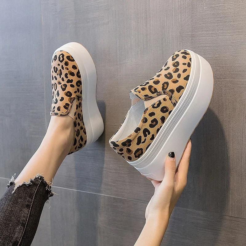 Fashion 2025 Size 34-39 Women Casual Loafers Leopard Flats Shoes Real Leather Platform Summer Slip-On Slouchy Mid Heels Daily