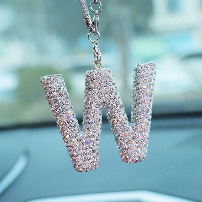 1pc Rhinestone A-Z Letter Car Rearview Mirror Pendant, Car Interior Decor