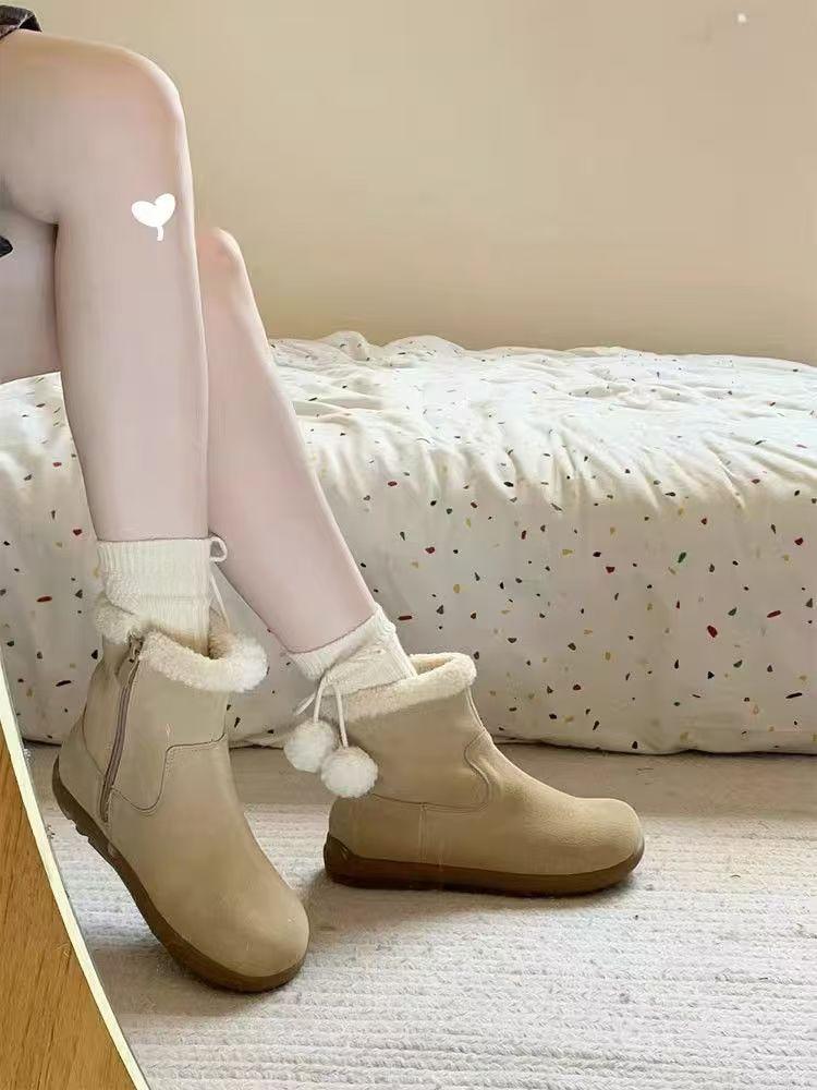 Snow Boots Women's Winter 2025 New Mori Retro Velvet Warm Cotton Shoes Flat Bottom Ugly Cute Fluffy Cotton Short Boots