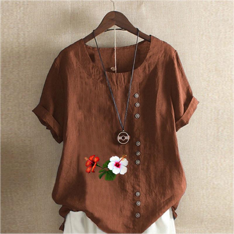 Women's Fashion Round Neck Short Sleeve T-shirt Casual Cotton Linen Graphic Shirt Leisure Loose Flowers Prined Summer Blouse Tops