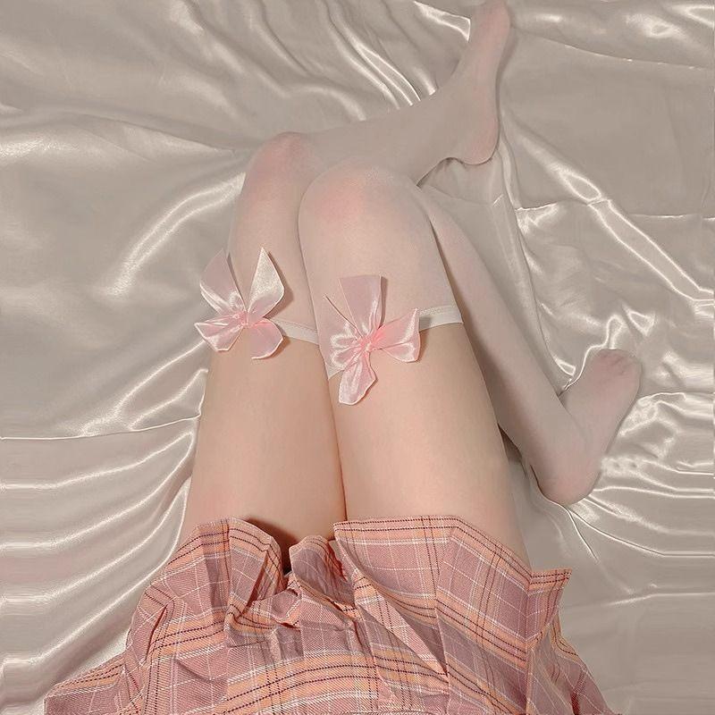 White Silk Bow Stockings For Women Japanese JK Over-the-knee Stockings Sexy Lace High Thigh Fishnet Stockings