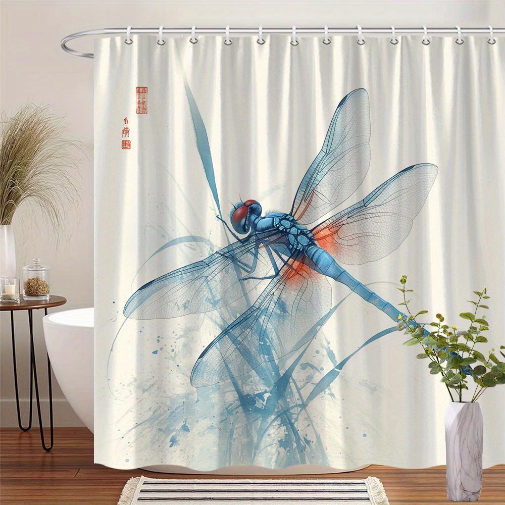 1pc Dragonfly and Abstract Watercolor Shower Curtain - Blue Dragonfly Pattern, Polyester Fabric, With Hooks, Machine Washable 90X180cm