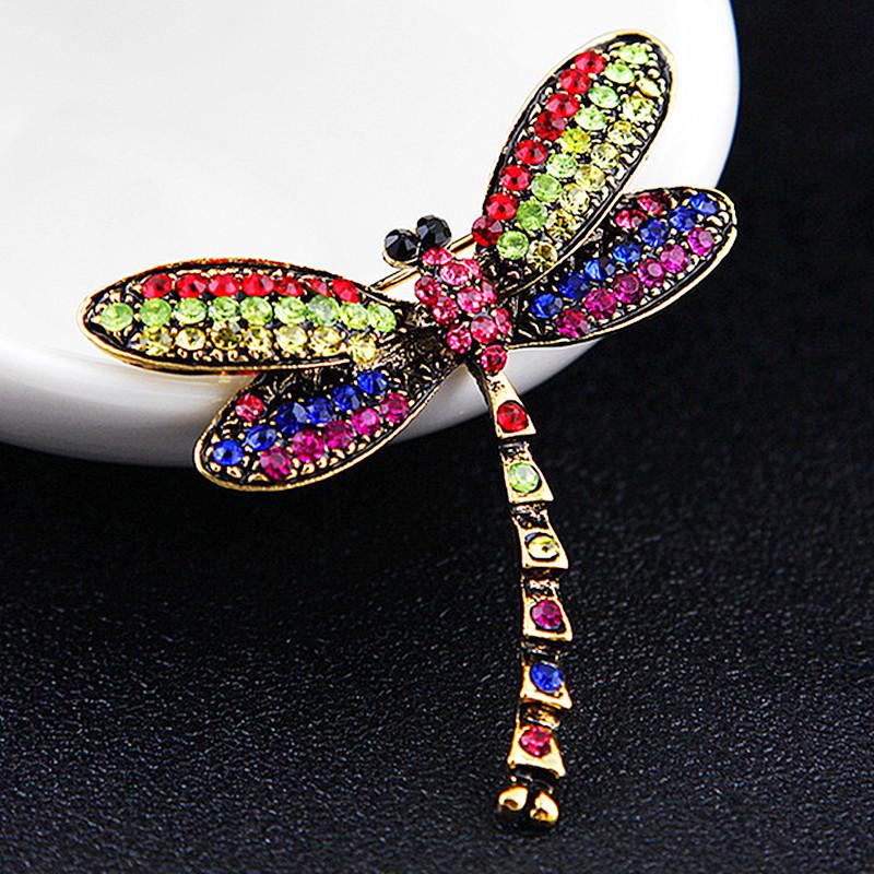 Bronze Dragonfly Brooch with Multicolor Rhinestones - Retro European and American Style