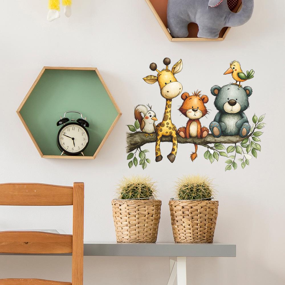Self-adhesive Wall Stickers Cute Little Animals Sitting On Branches for Kids Room Bedroom Home Decor