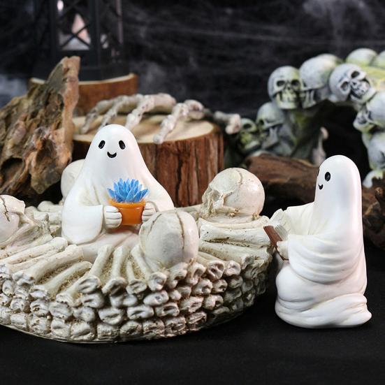 2 Pcs Sitting Ghost Ornaments Reading Holding Potted Plant Statue Figurine Resin Ghost Halloween Decor