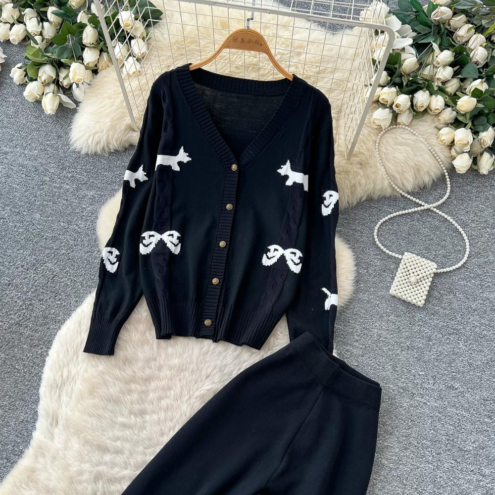 Autumn Winter Sweet Bow Jacquard Sweater and Pants Two-Piece Set Women's Knitted Cardigan High-Waisted Wide-Leg Pants Suits