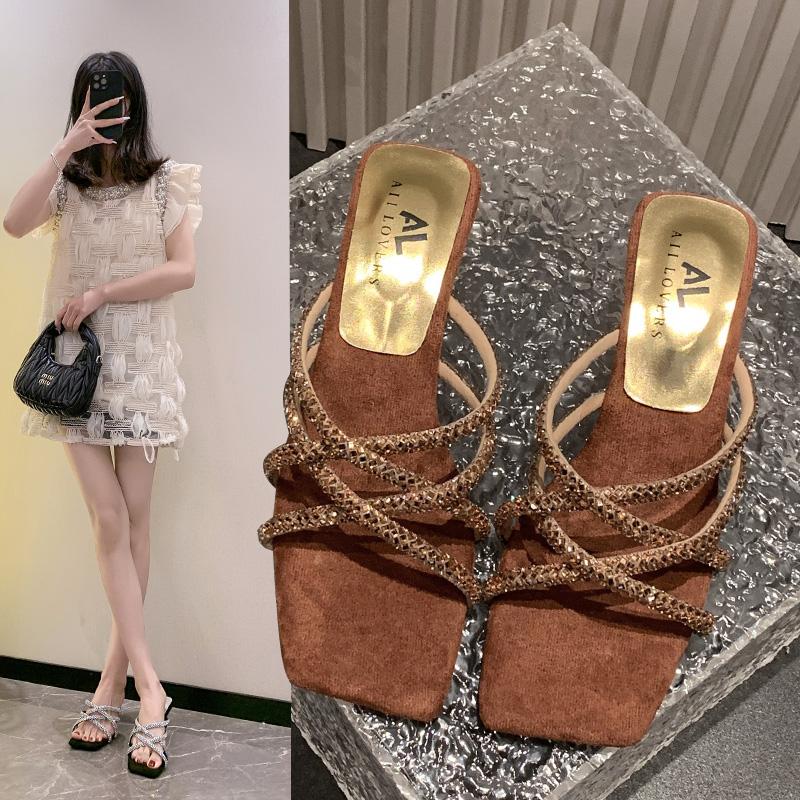 

New Fashion Rhinestone Chain Women Slippers Sandals Comfortable Sexy Leopard Print Square Toe Ladies Modern Shoes Zapatos Mujer