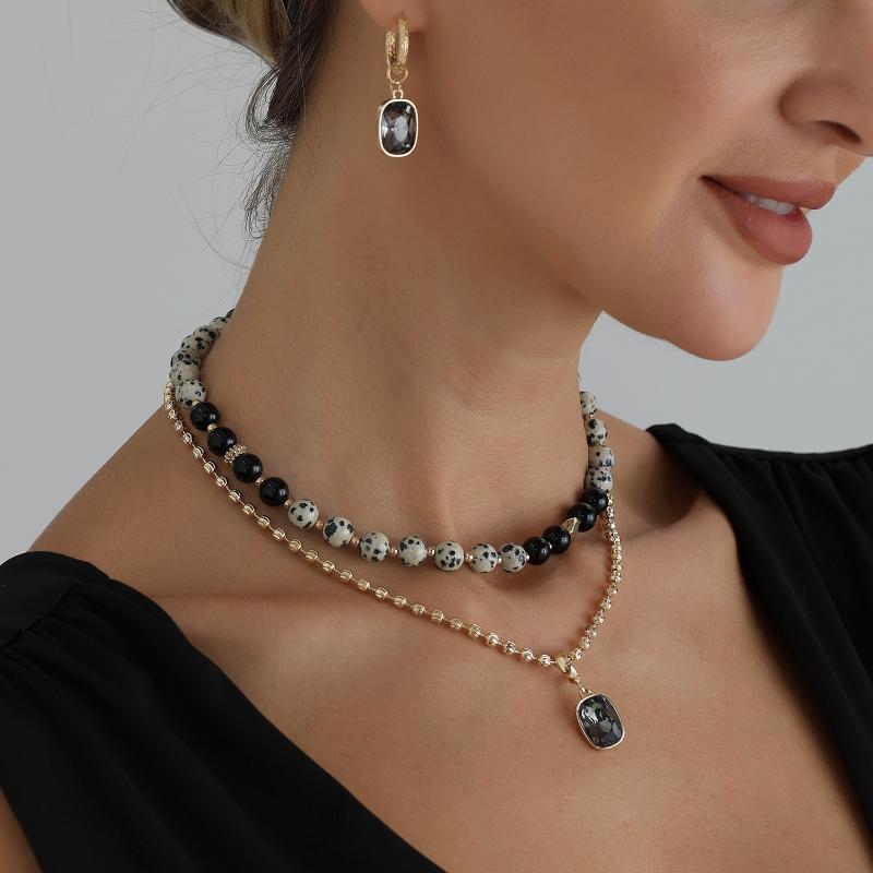 1/2Set Vintage Stone Black Bead Double Layer Necklace Style Jewelry For Women Daily Use